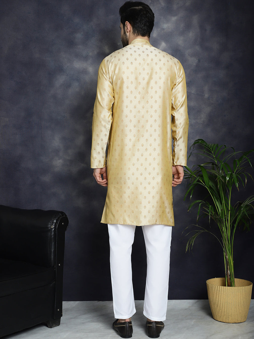Jompers Men's Woven Design Silk Blend Kurta with Pyjama - Golden