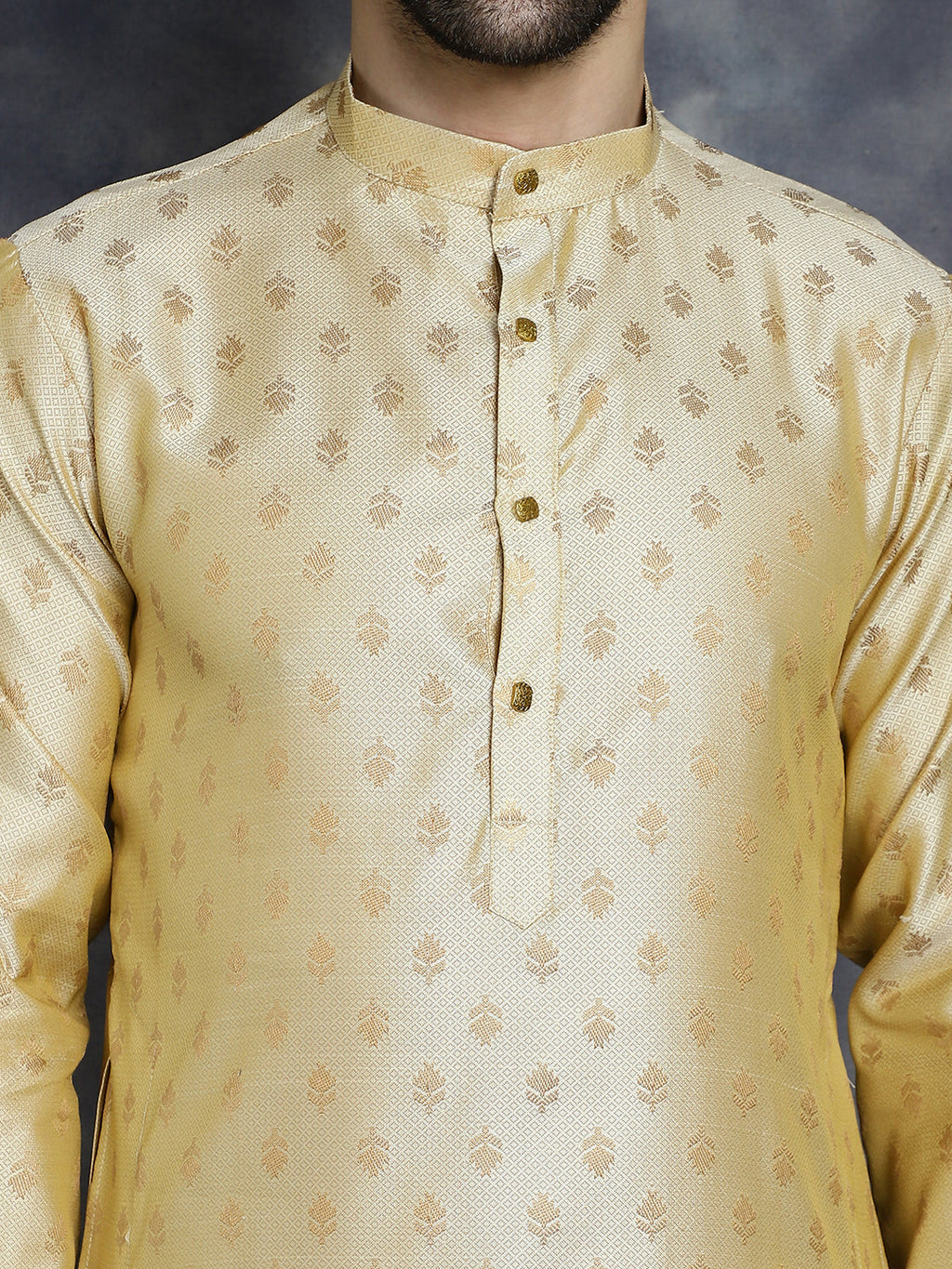 Jompers Men's Woven Design Silk Blend Kurta with Pyjama - Golden