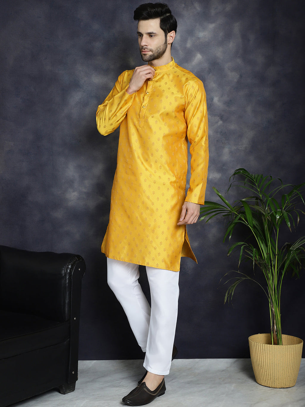 Jompers Men's Woven Design Silk Blend Kurta with Pyjama - Mustard