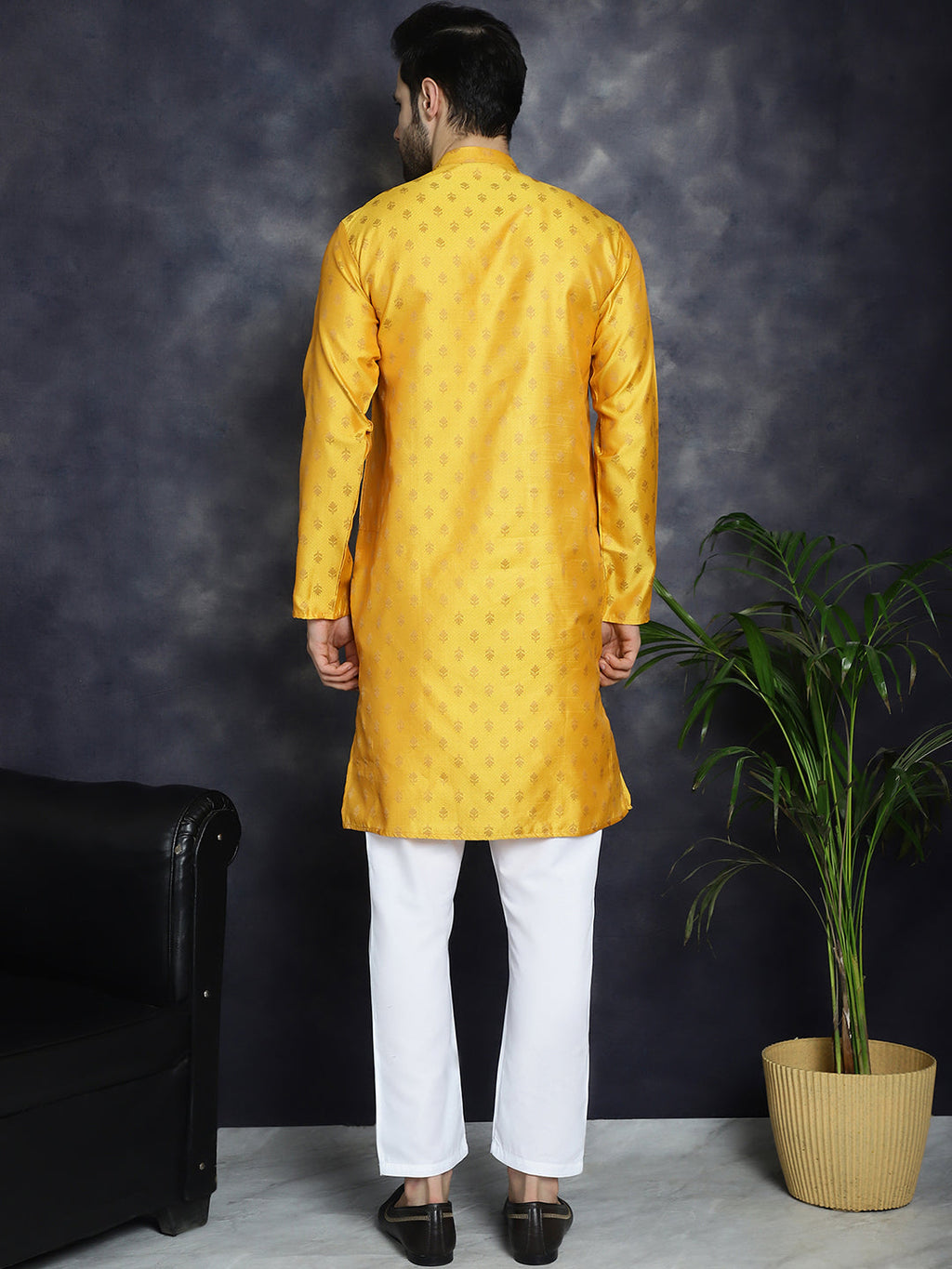 Jompers Men's Woven Design Silk Blend Kurta with Pyjama - Mustard