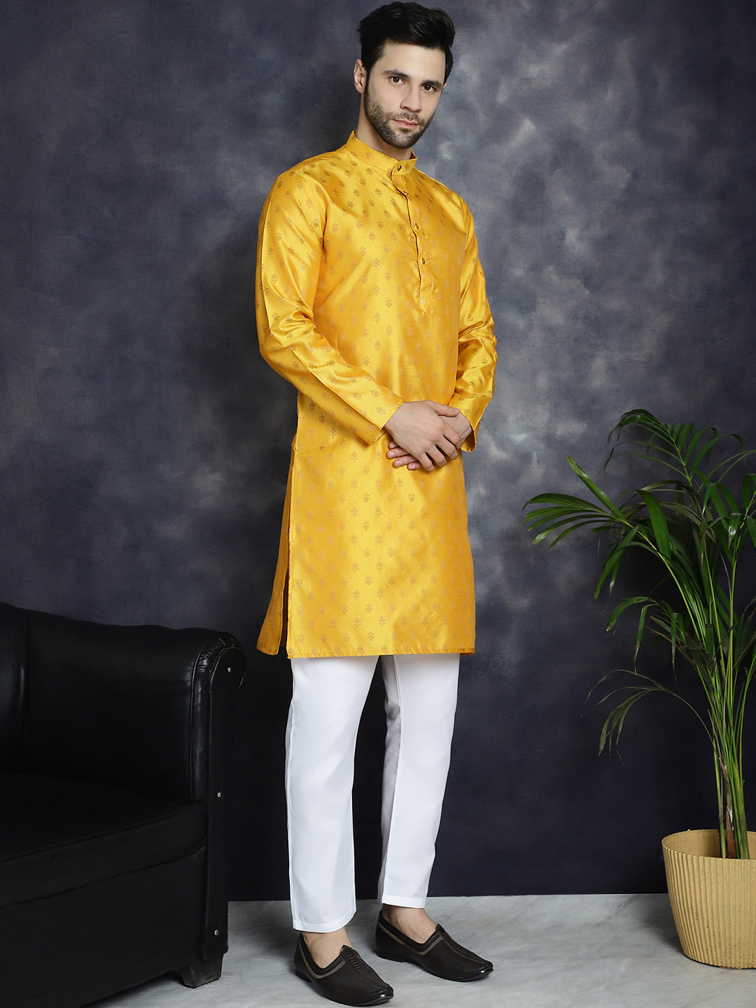 Jompers Men's Woven Design Silk Blend Kurta with Pyjama - Mustard