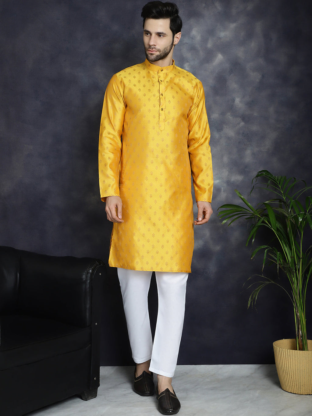 Jompers Men's Woven Design Silk Blend Kurta with Pyjama - Mustard