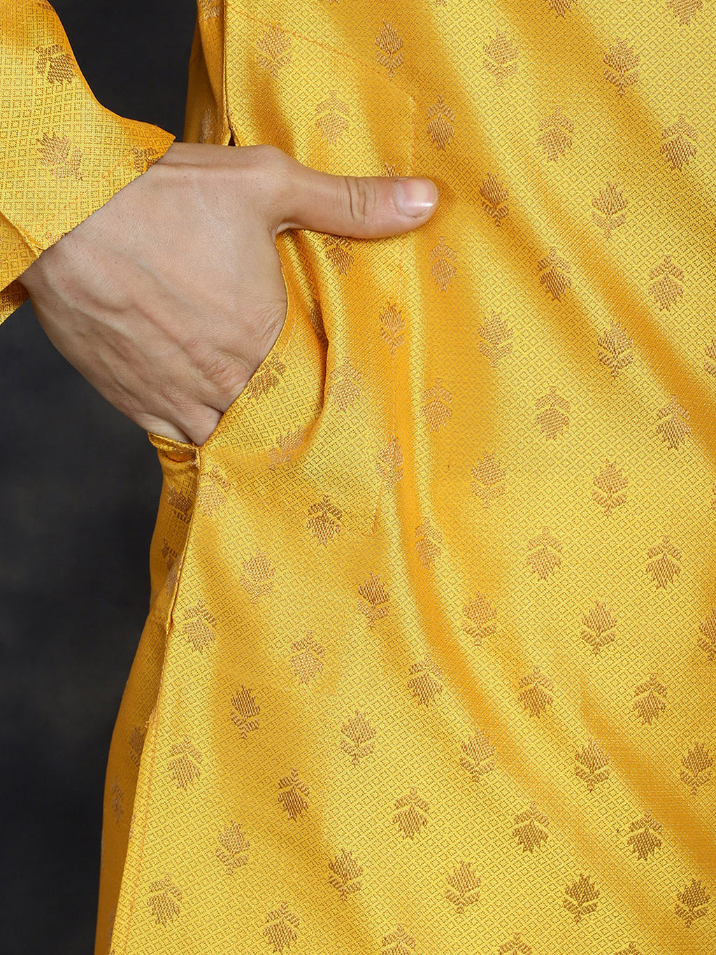 Jompers Men's Woven Design Silk Blend Kurta with Pyjama - Mustard