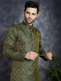 Jompers Men's Woven Design Silk Blend Kurta with Pyjama - Olive