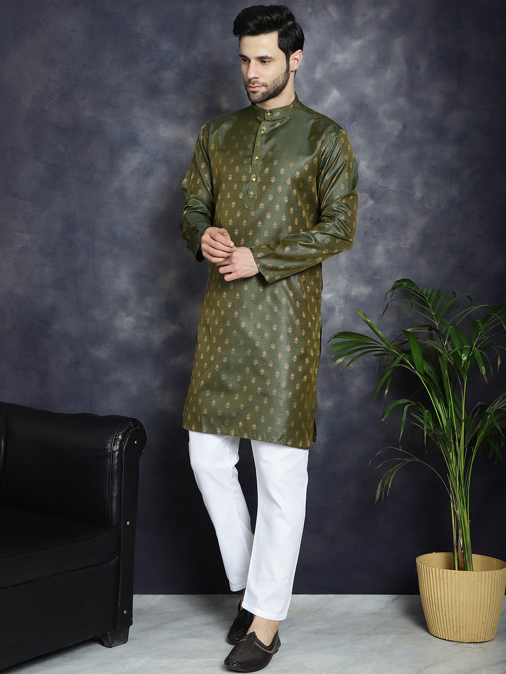 Jompers Men's Woven Design Silk Blend Kurta with Pyjama - Olive