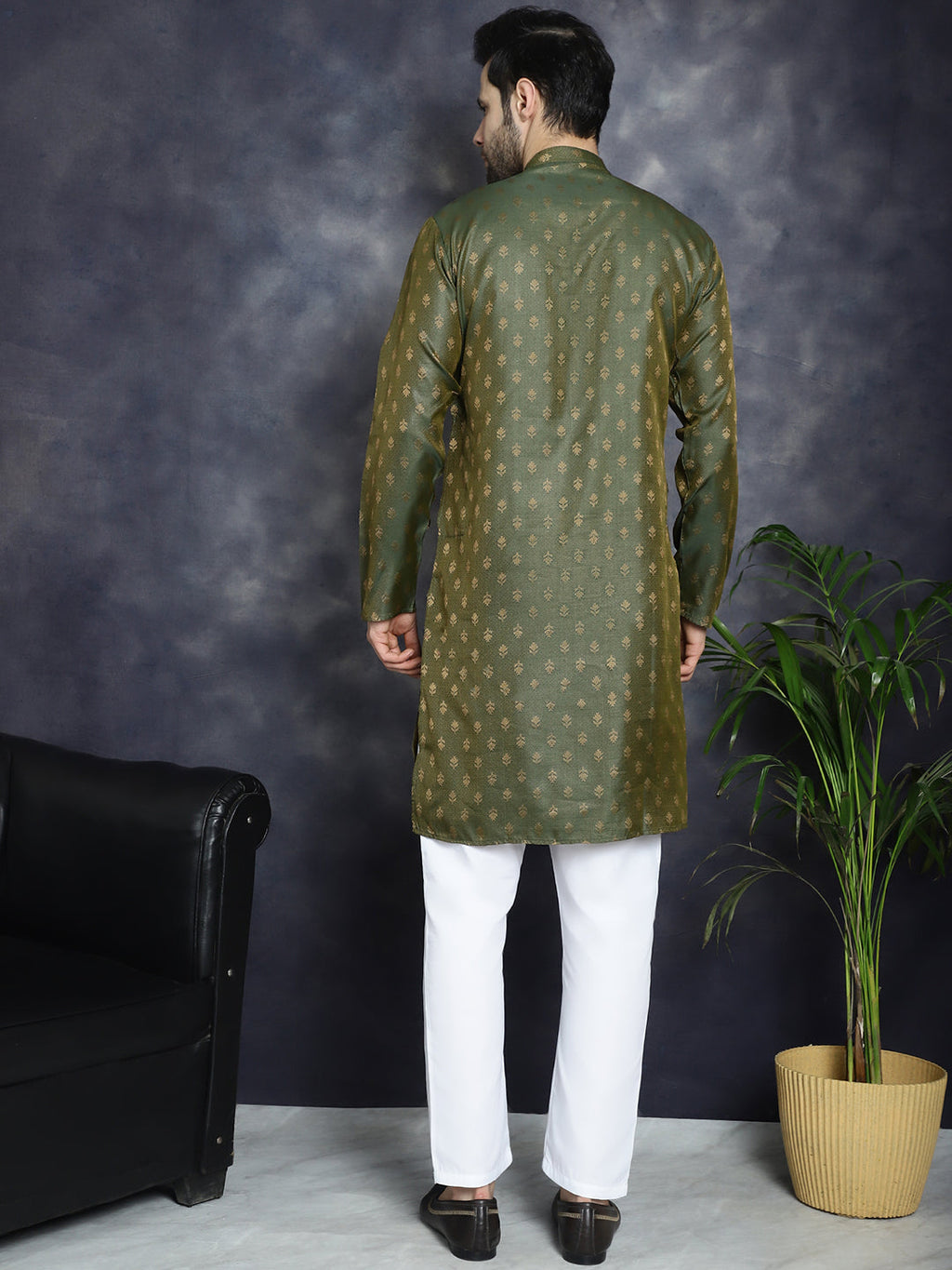 Jompers Men's Woven Design Silk Blend Kurta with Pyjama - Olive