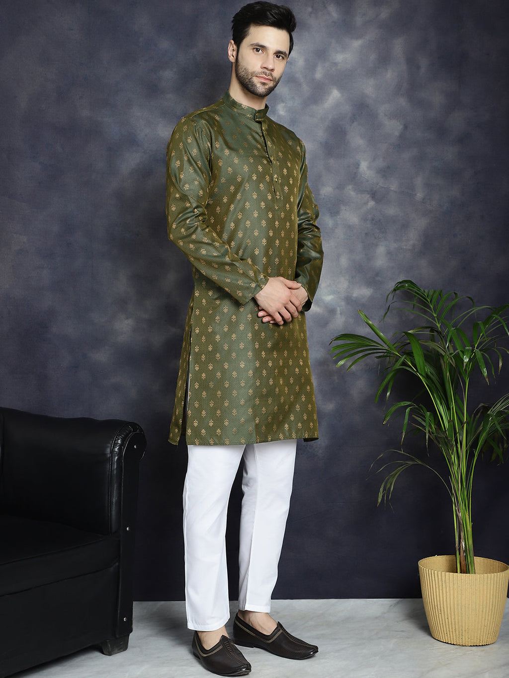 Jompers Men's Woven Design Silk Blend Kurta with Pyjama - Olive