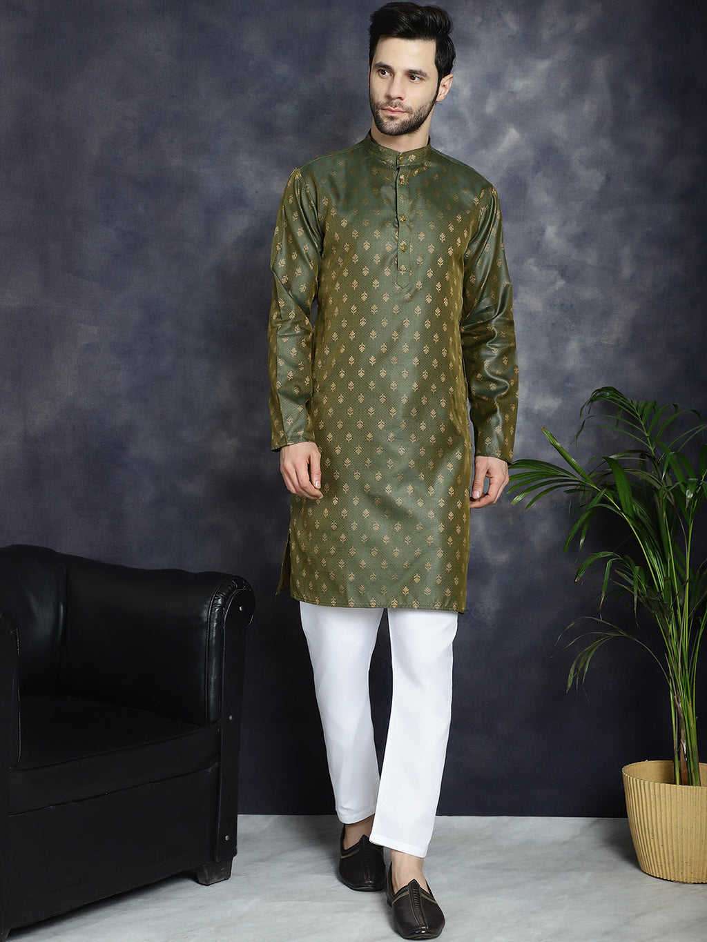 Jompers Men's Woven Design Silk Blend Kurta with Pyjama - Olive