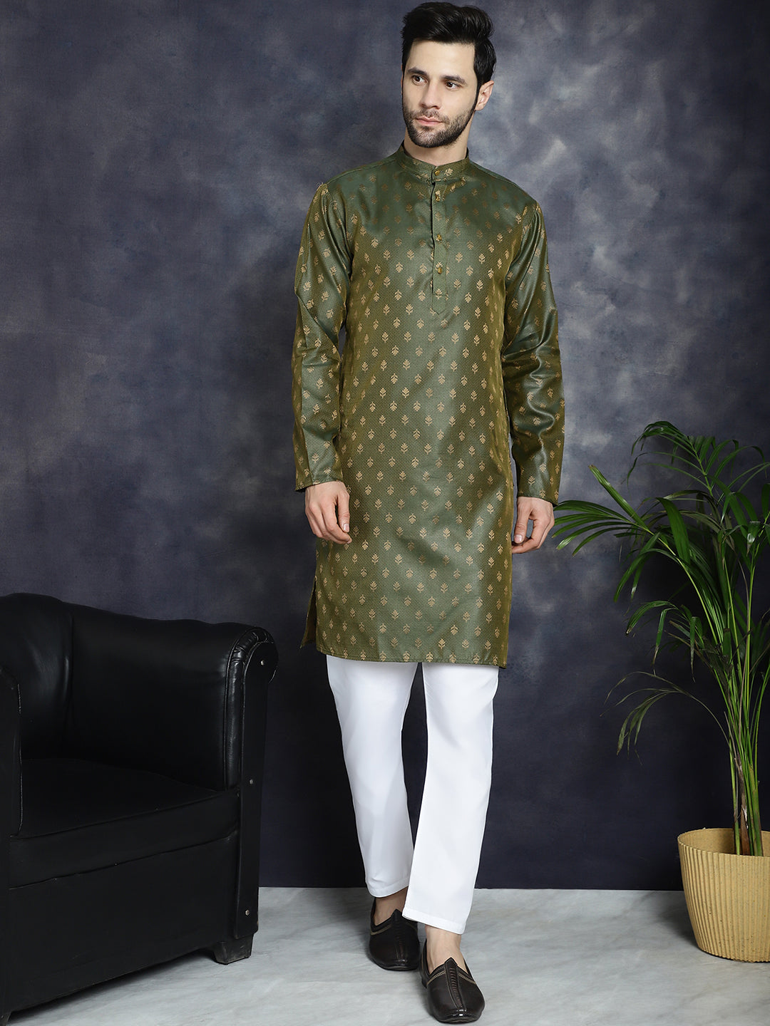Jompers Men's Woven Design Silk Blend Kurta with Pyjama - Olive