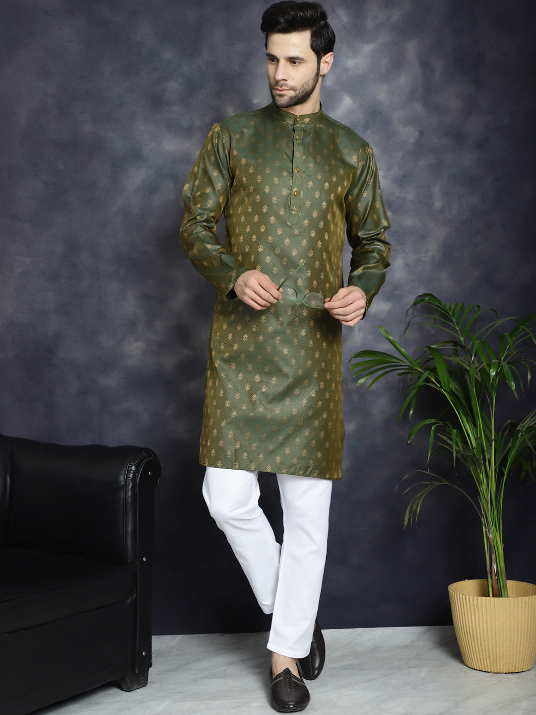Jompers Men's Woven Design Silk Blend Kurta with Pyjama - Olive