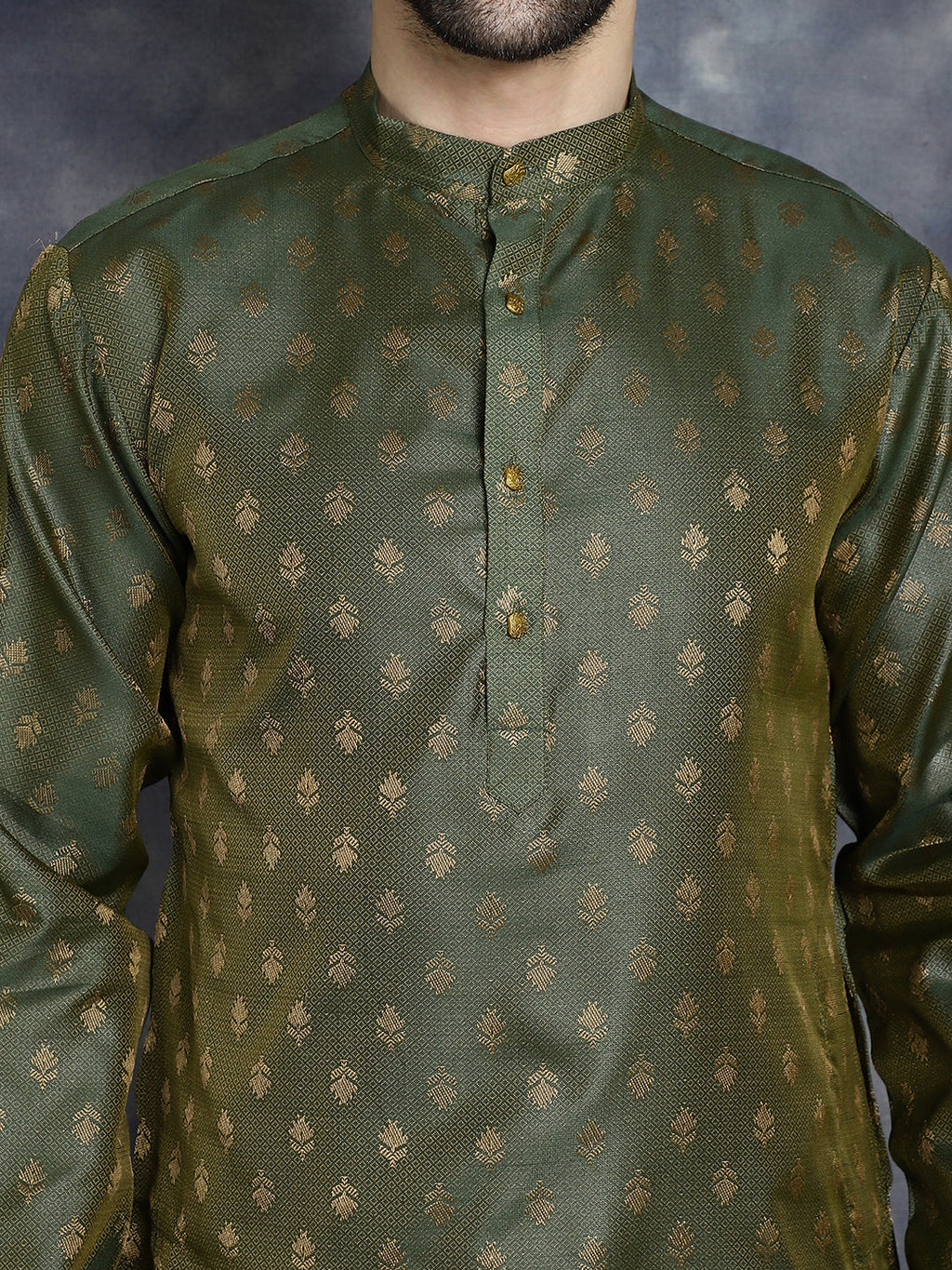 Jompers Men's Woven Design Silk Blend Kurta with Pyjama - Olive