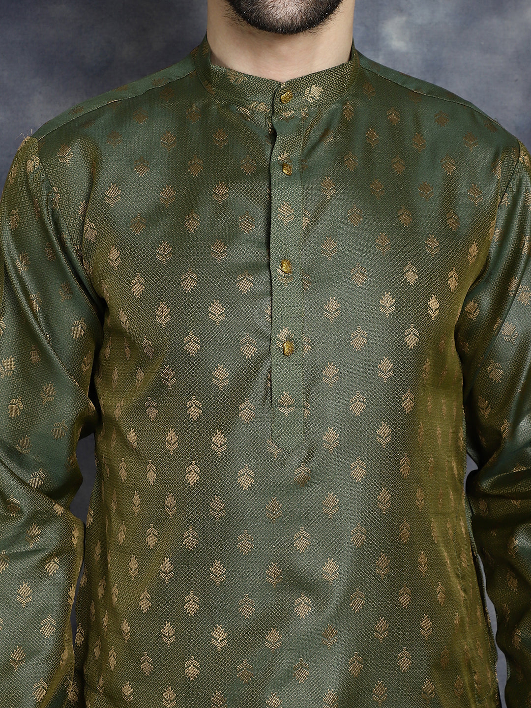 Jompers Men's Woven Design Silk Blend Kurta with Pyjama - Olive