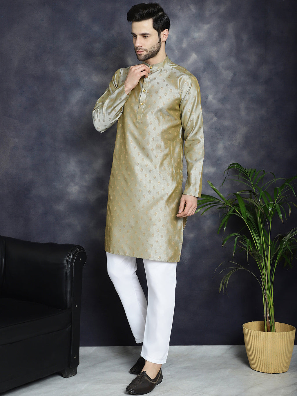 Jompers Men's Woven Design Silk Blend Kurta with Pyjama - Pista