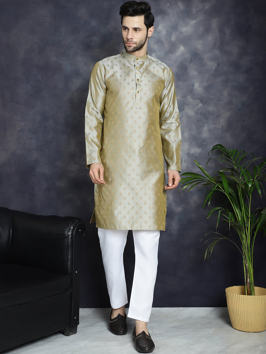 Jompers Men's Woven Design Silk Blend Kurta with Pyjama - Pista