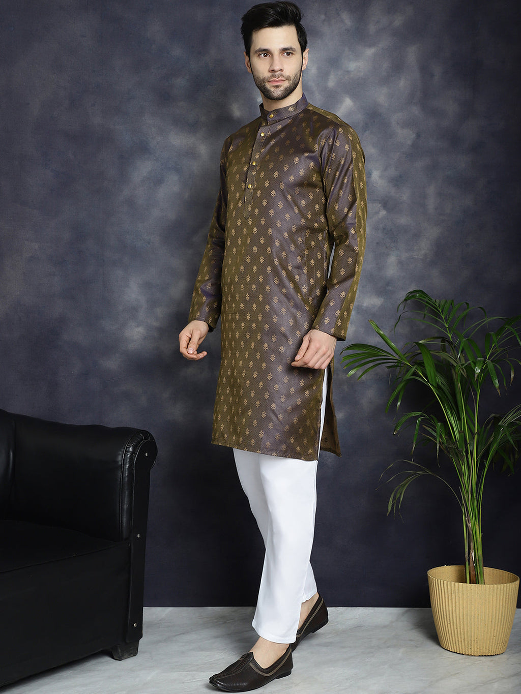 Jompers Men's Woven Design Silk Blend Kurta with Pyjama - Purple