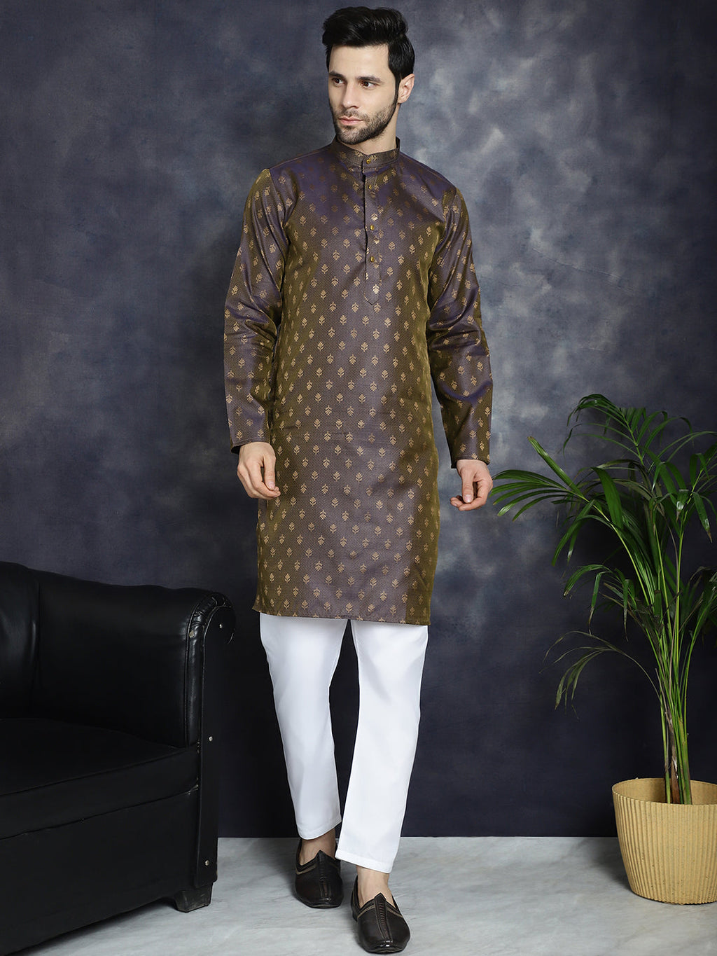 Jompers Men's Woven Design Silk Blend Kurta with Pyjama - Purple