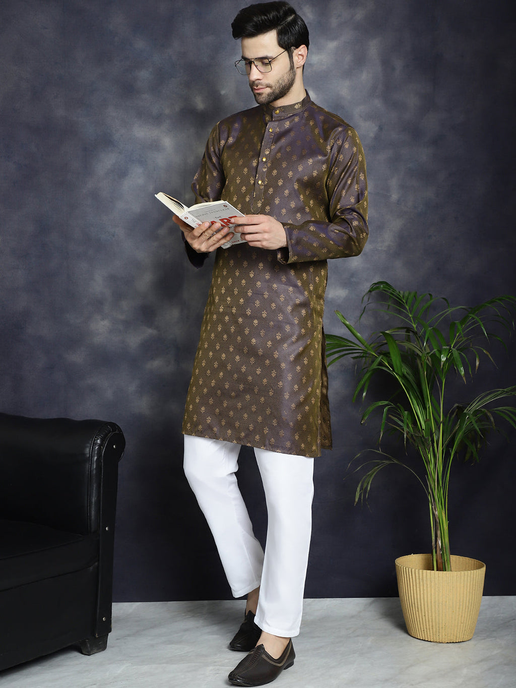 Jompers Men's Woven Design Silk Blend Kurta with Pyjama - Purple