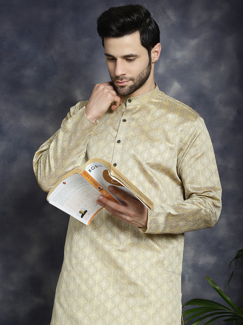 Jompers Men's Beige Woven Design Kurta with Pyjama - Beige