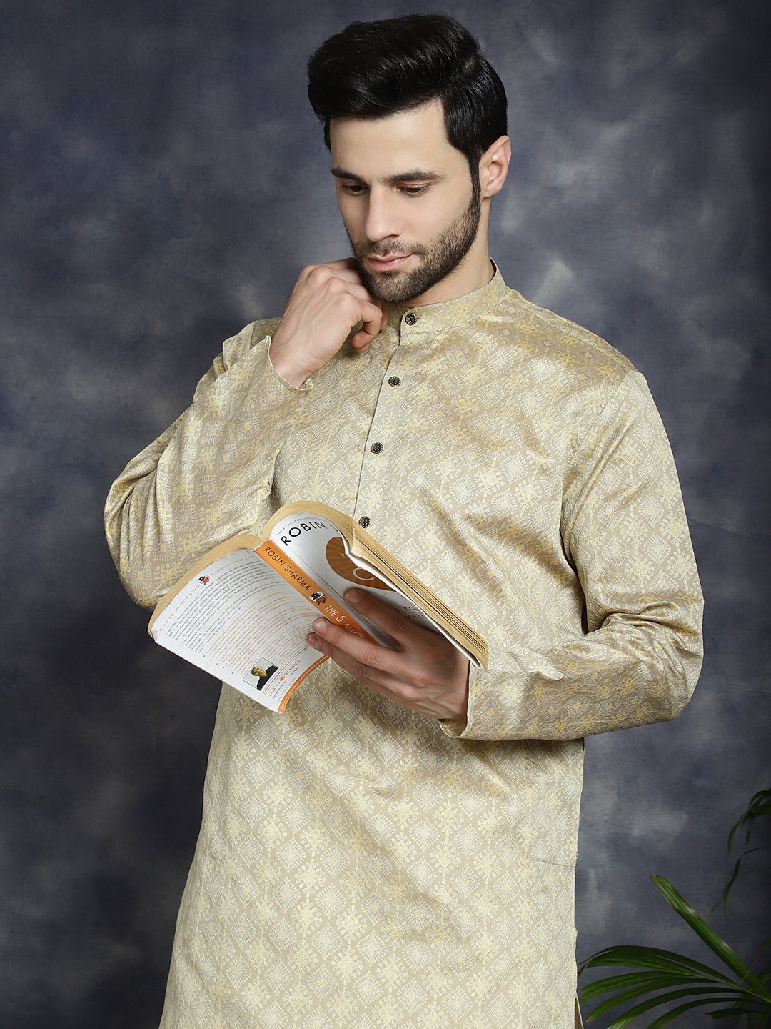 Jompers Men's Beige Woven Design Kurta with Pyjama - Beige