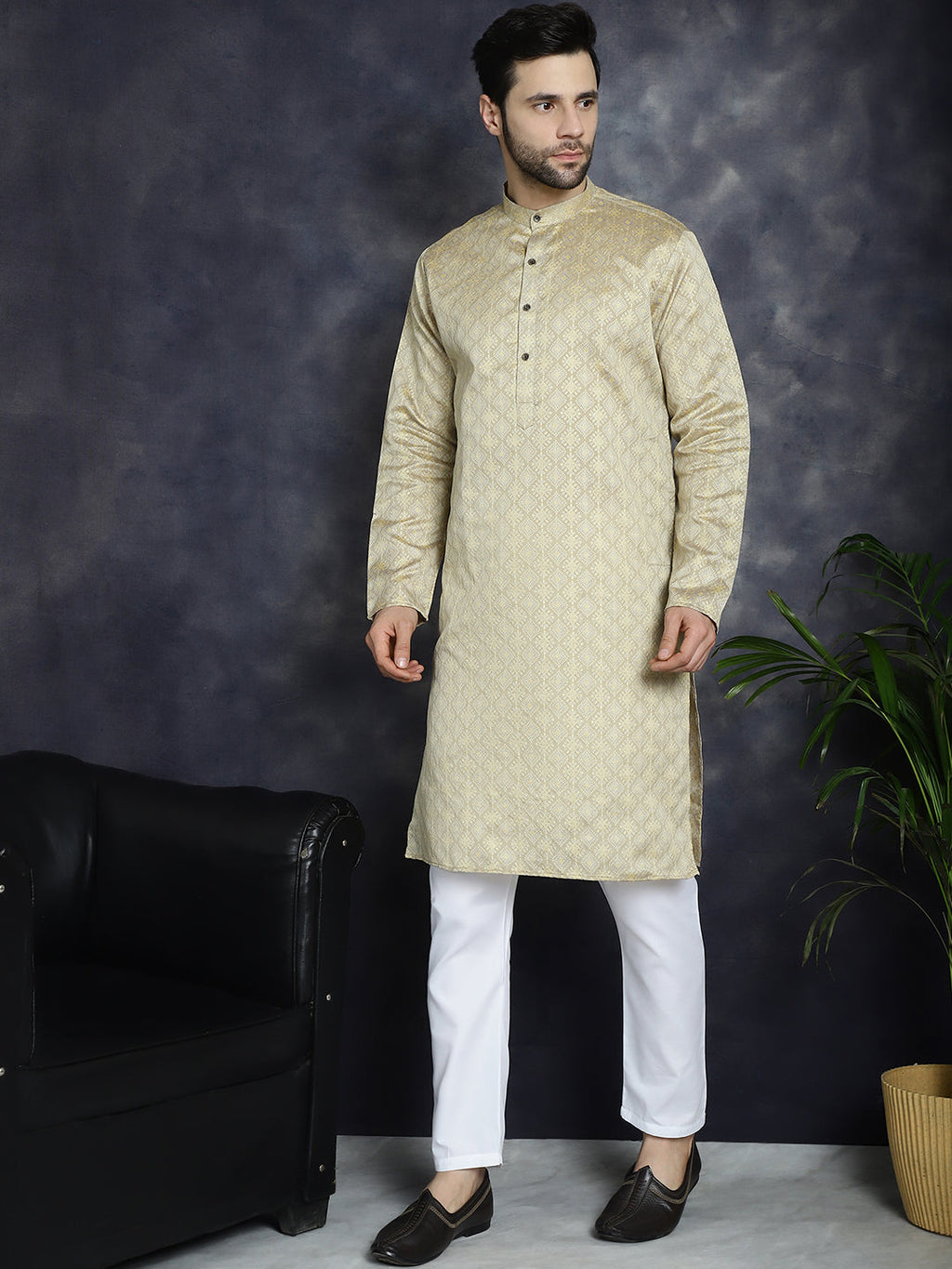 Jompers Men's Beige Woven Design Kurta with Pyjama - Beige