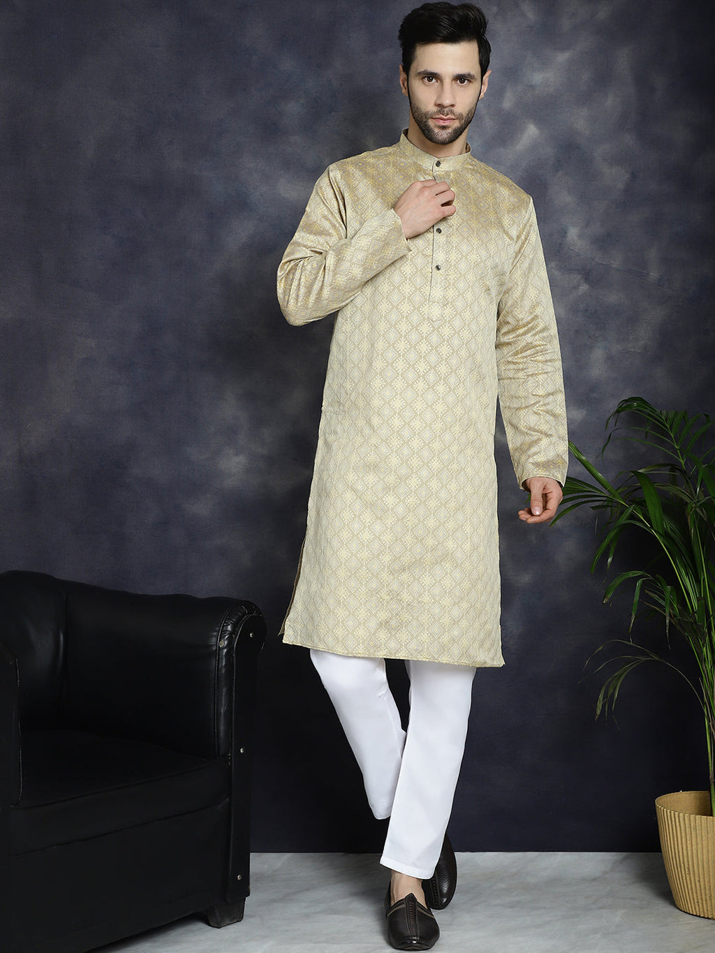 Jompers Men's Beige Woven Design Kurta with Pyjama - Beige