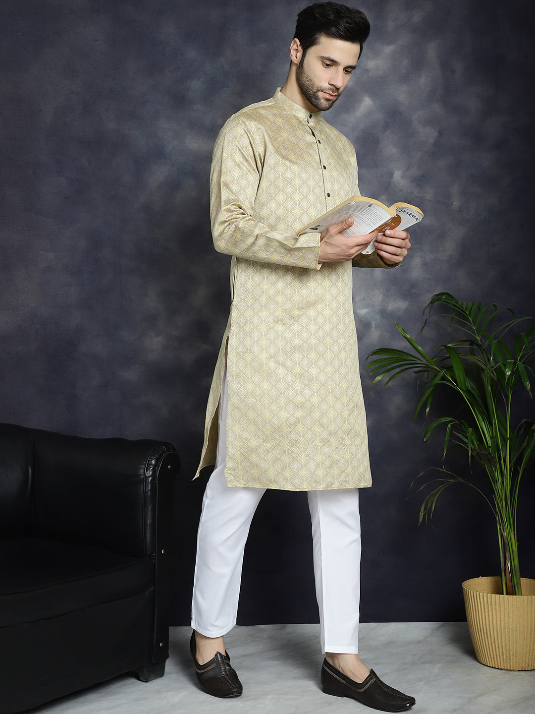 Jompers Men's Beige Woven Design Kurta with Pyjama - Beige