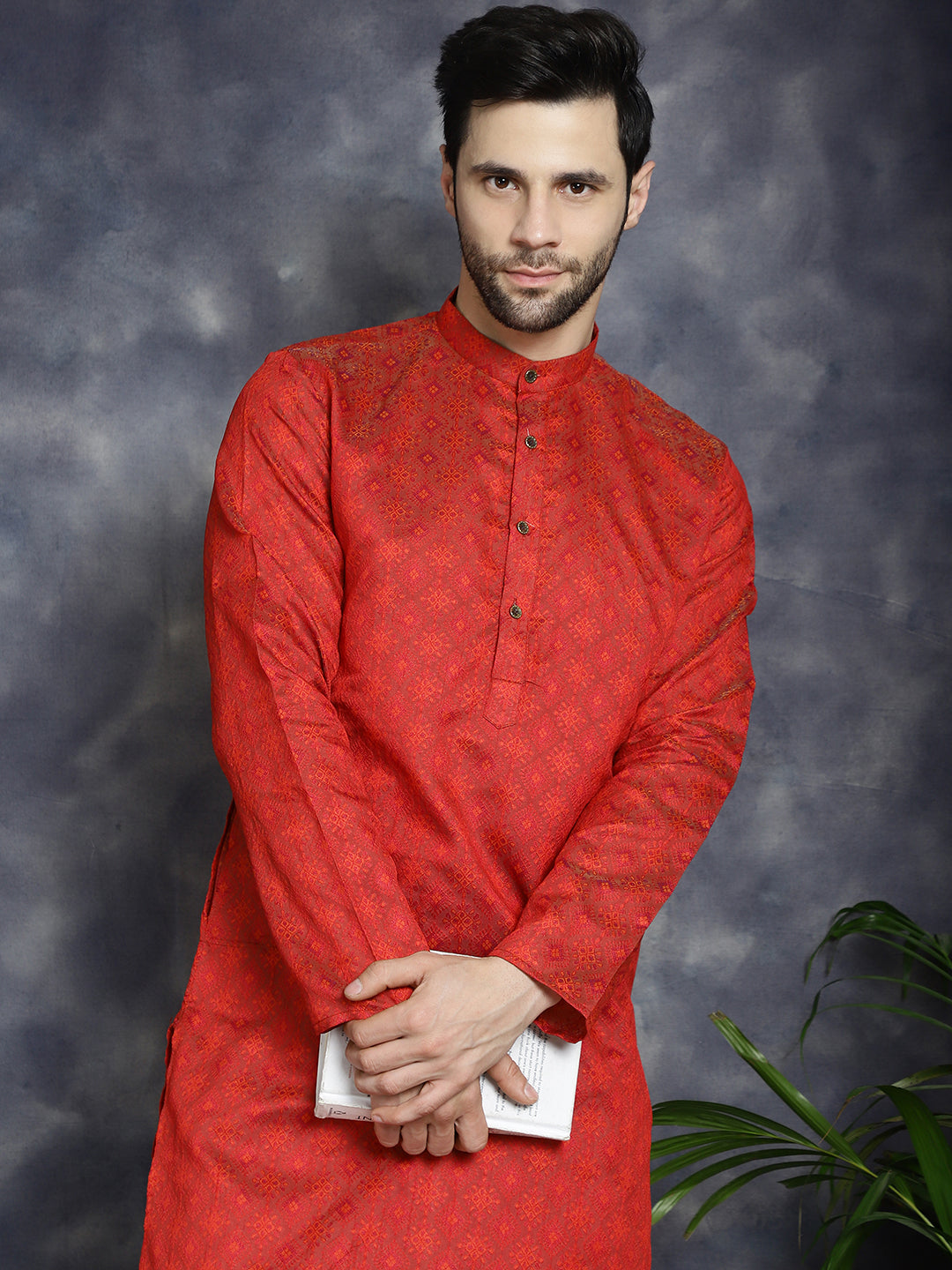 Jompers Men's Red Woven Design Kurta with Pyjama - Red