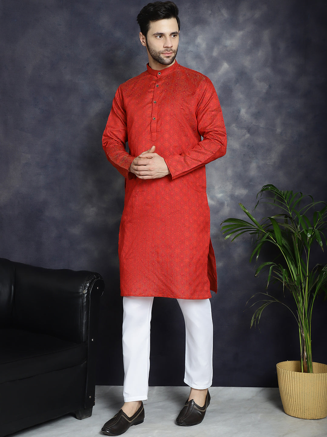 Jompers Men's Red Woven Design Kurta with Pyjama - Red
