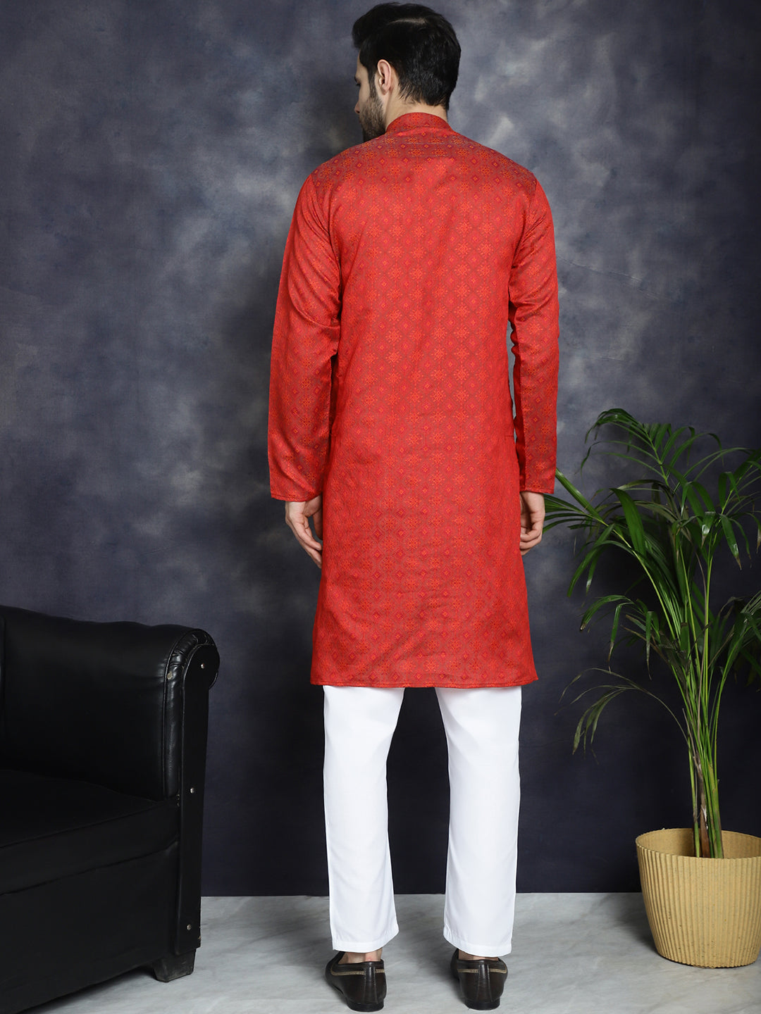 Jompers Men's Red Woven Design Kurta with Pyjama - Red
