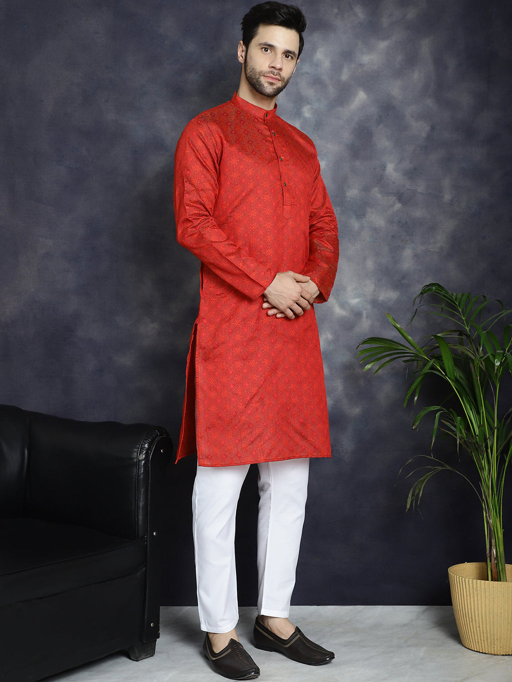 Jompers Men's Red Woven Design Kurta with Pyjama - Red