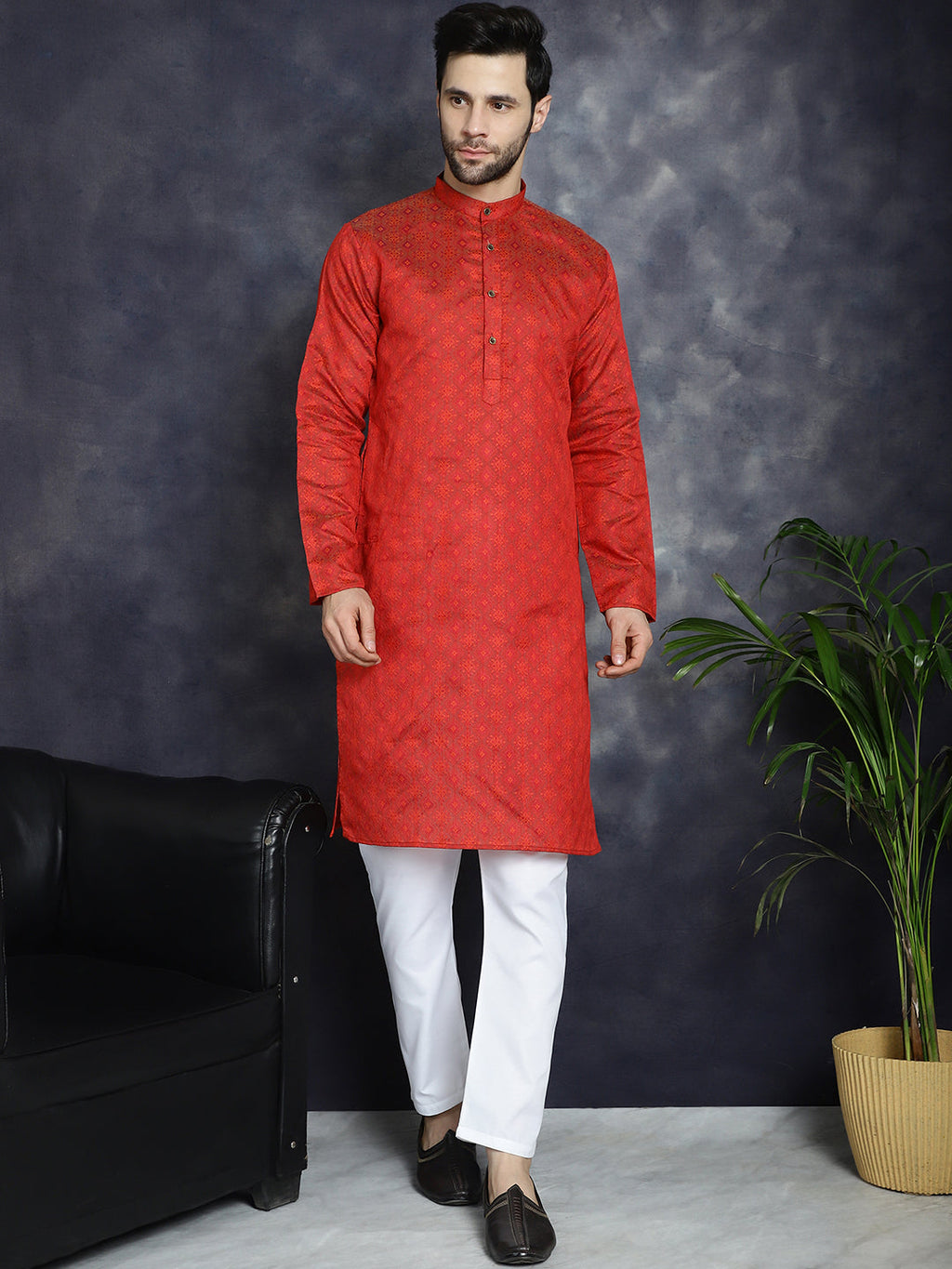 Jompers Men's Red Woven Design Kurta with Pyjama - Red