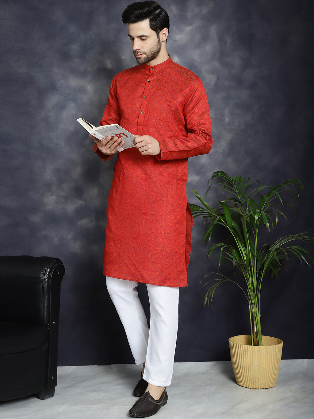 Jompers Men's Red Woven Design Kurta with Pyjama - Red