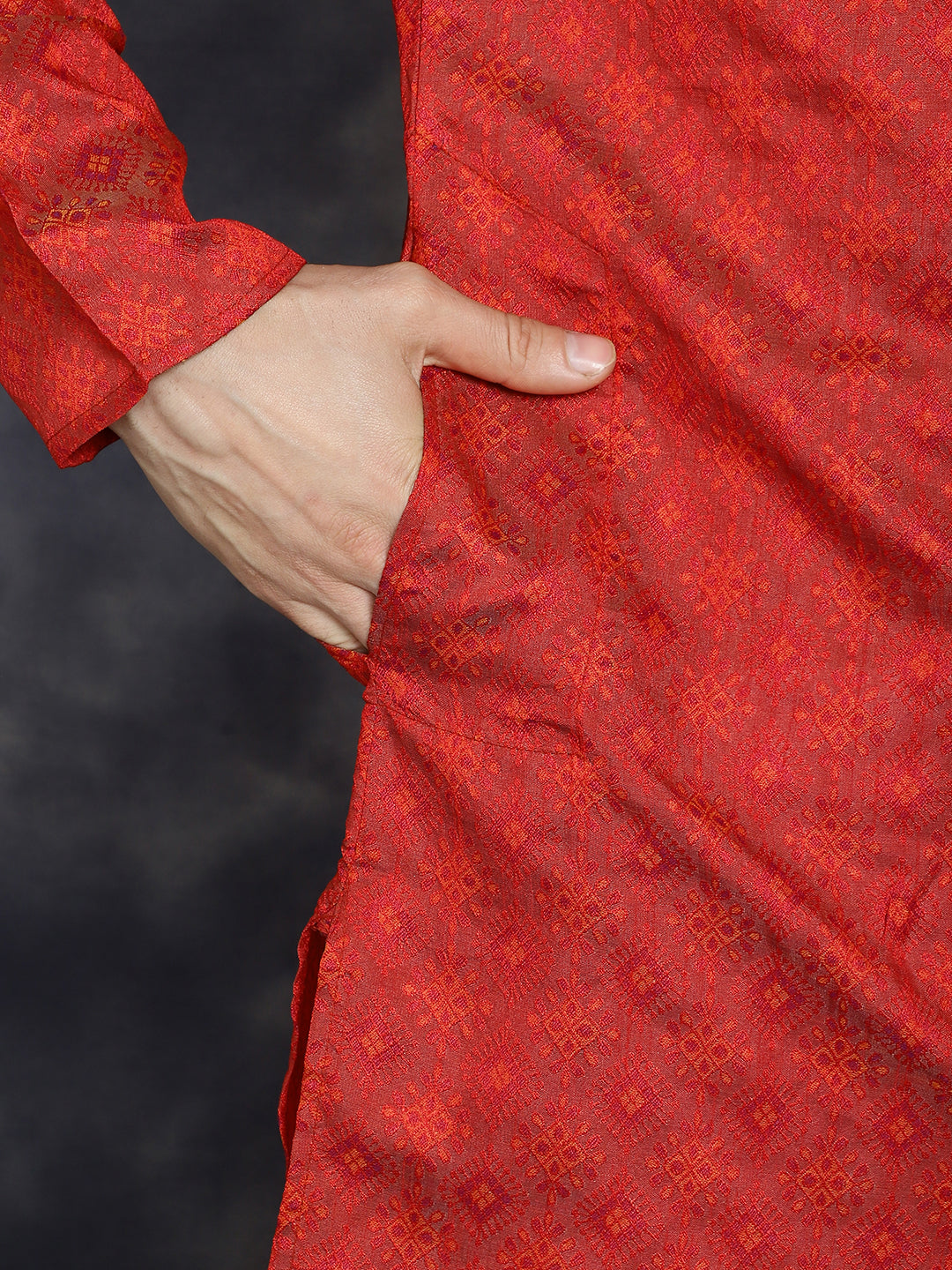 Jompers Men's Red Woven Design Kurta with Pyjama - Red