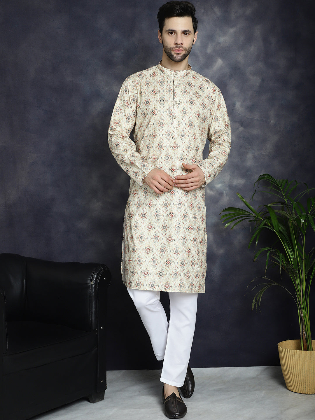 Jompers Men's Golden Foil Printed Kurta with Pyjama - Golden