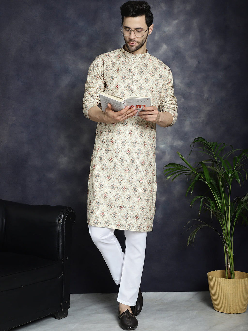 Jompers Men's Golden Foil Printed Kurta with Pyjama - Golden