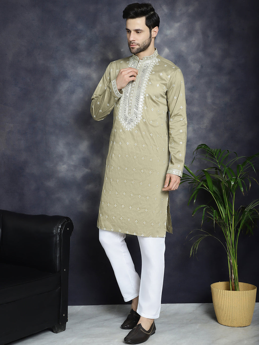 Jompers Men's Sequins Embroidered Kurta Pyjama Set - Beige