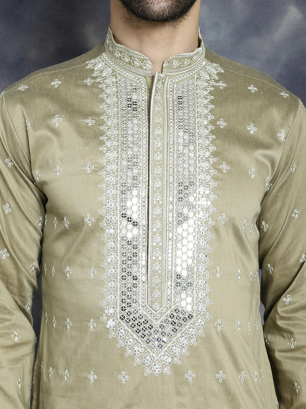 Jompers Men's Sequins Embroidered Kurta Pyjama Set - Beige