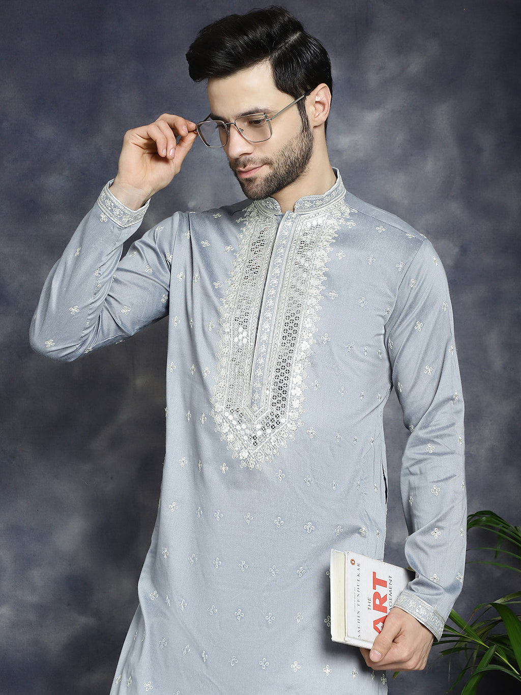 Jompers Men's Sequins Embroidered Kurta Pyjama Set - Grey