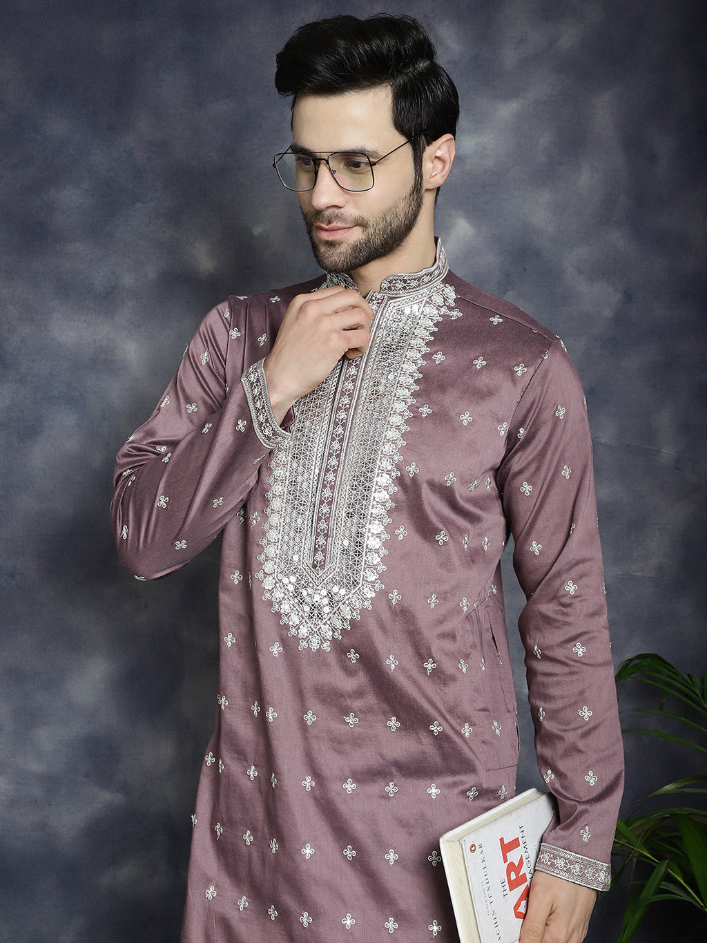 Jompers Men's Sequins Embroidered Kurta Pyjama Set - Megenta