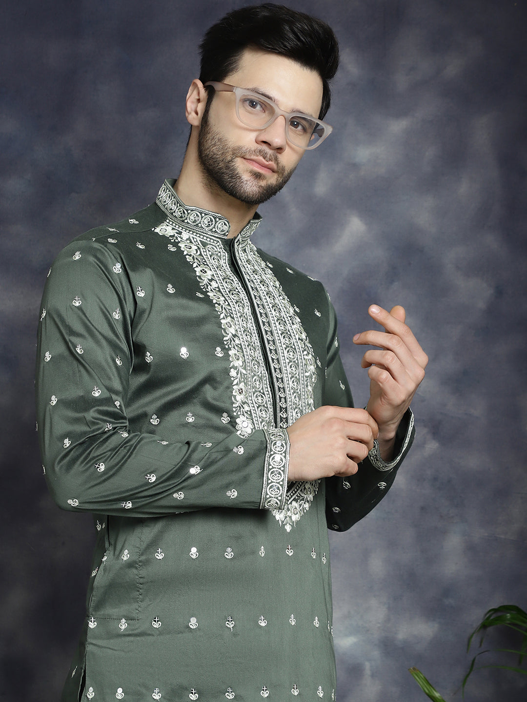 Jompers Men's Chikankari Embroidered Kurta Pyjama Set - Olive