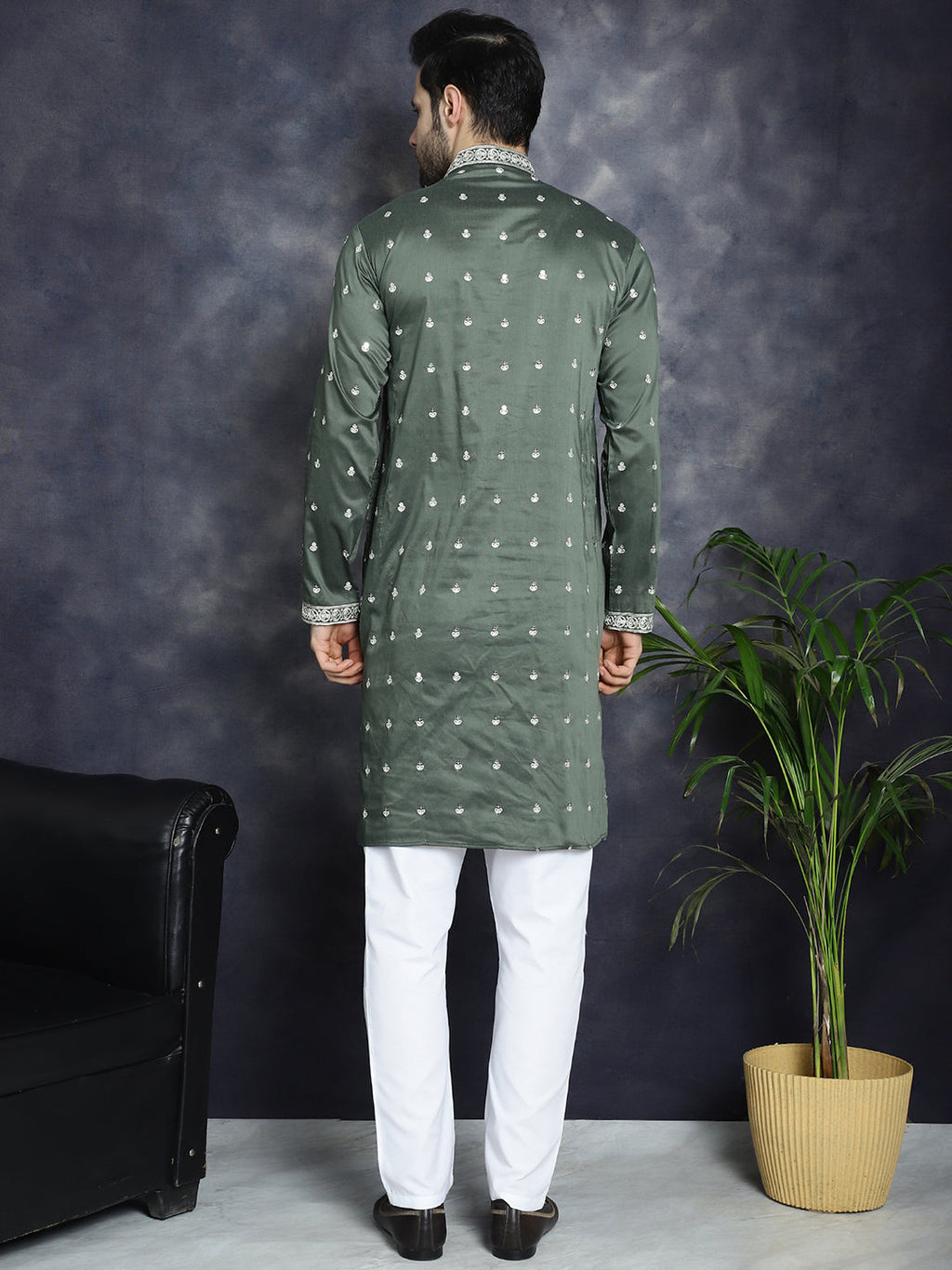 Jompers Men's Chikankari Embroidered Kurta Pyjama Set - Olive