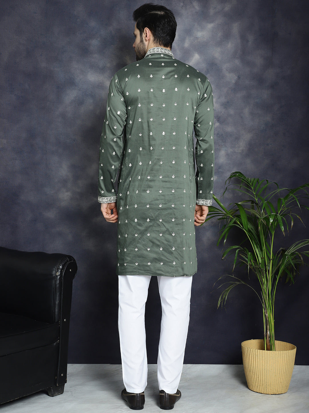 Jompers Men's Chikankari Embroidered Kurta Pyjama Set - Olive
