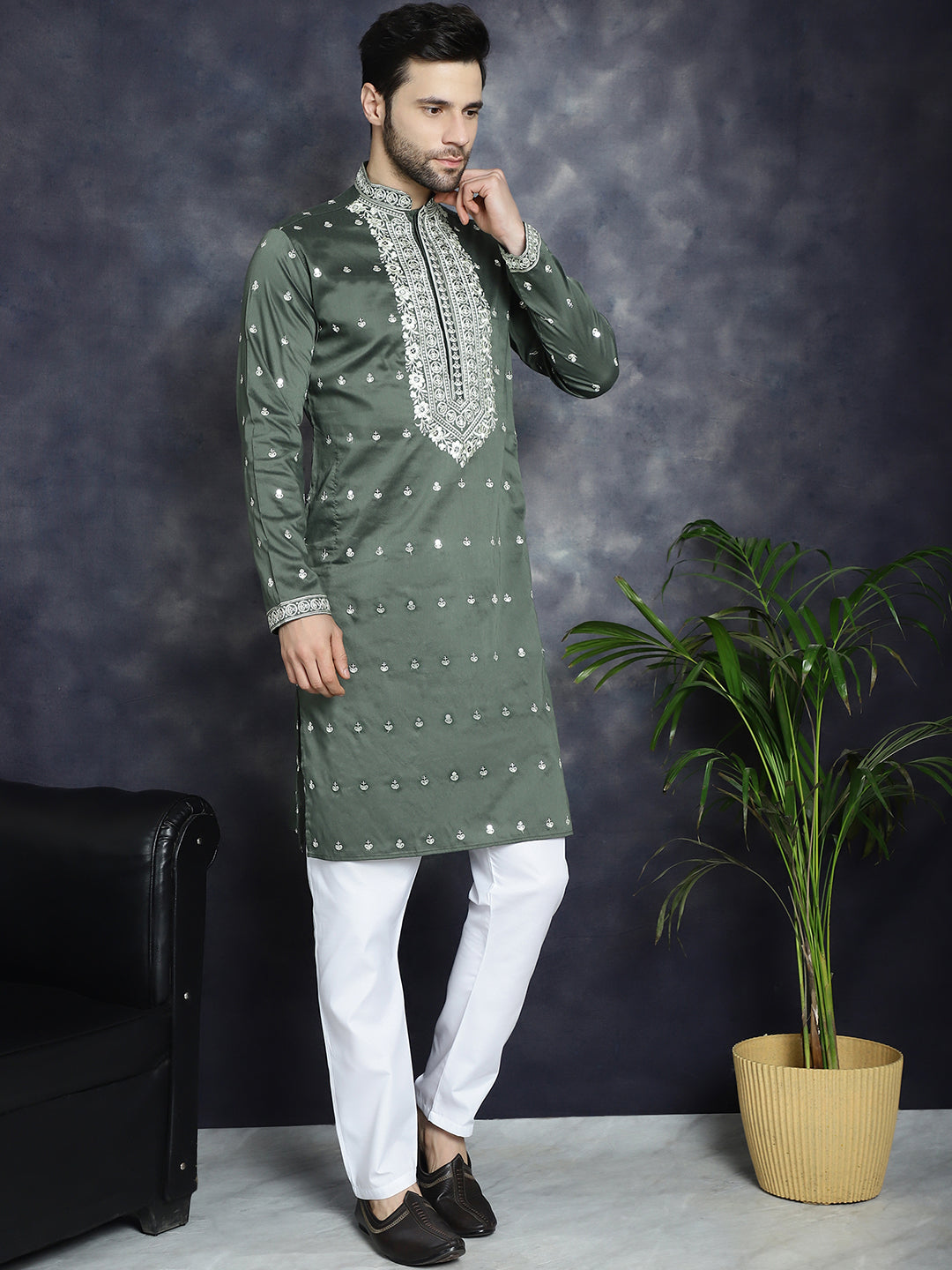 Jompers Men's Chikankari Embroidered Kurta Pyjama Set - Olive