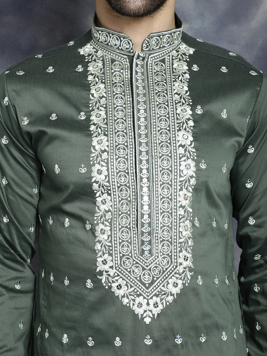 Jompers Men's Chikankari Embroidered Kurta Pyjama Set - Olive