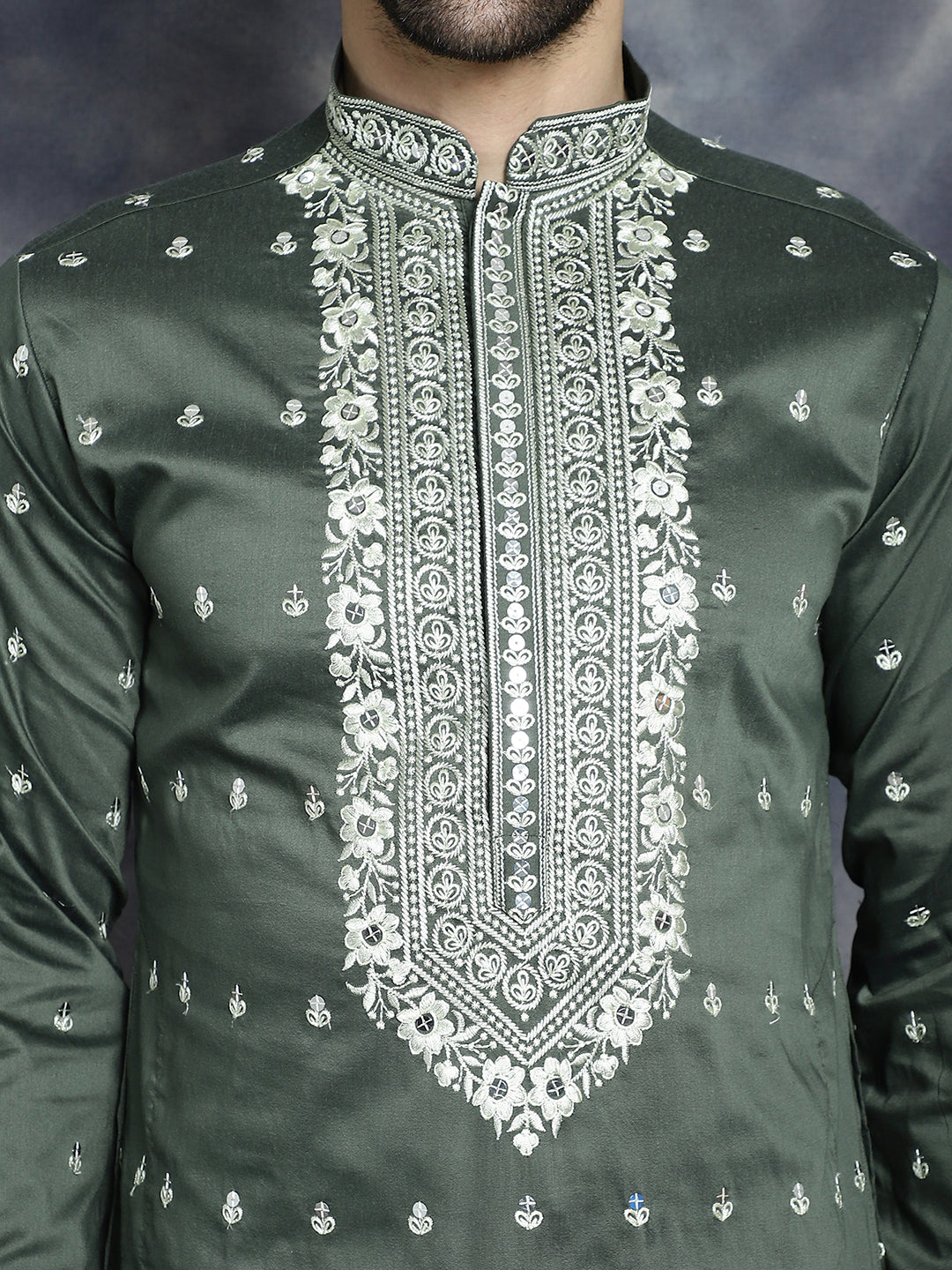 Jompers Men's Chikankari Embroidered Kurta Pyjama Set - Olive