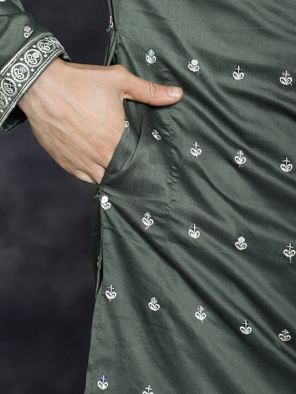 Jompers Men's Chikankari Embroidered Kurta Pyjama Set - Olive