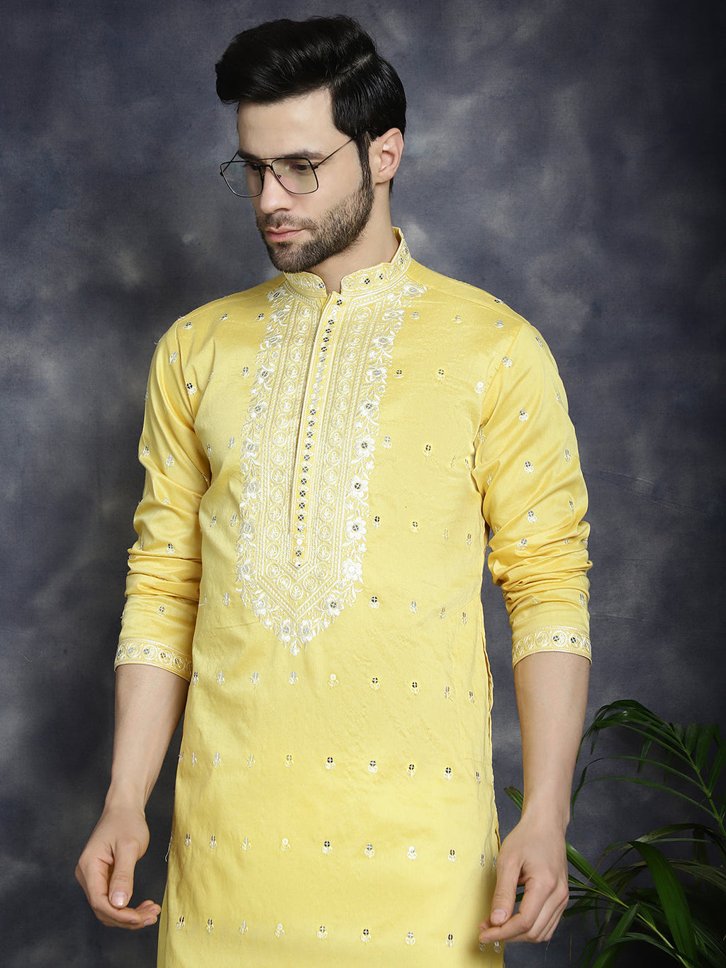 Jompers Men's Chikankari Embroidered Kurta Pyjama Set - Yellow