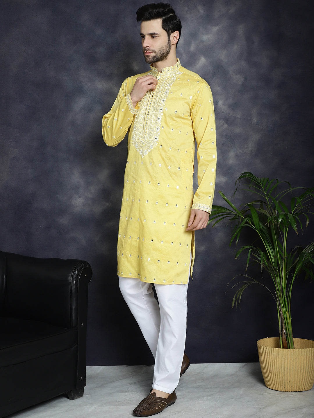 Jompers Men's Chikankari Embroidered Kurta Pyjama Set - Yellow