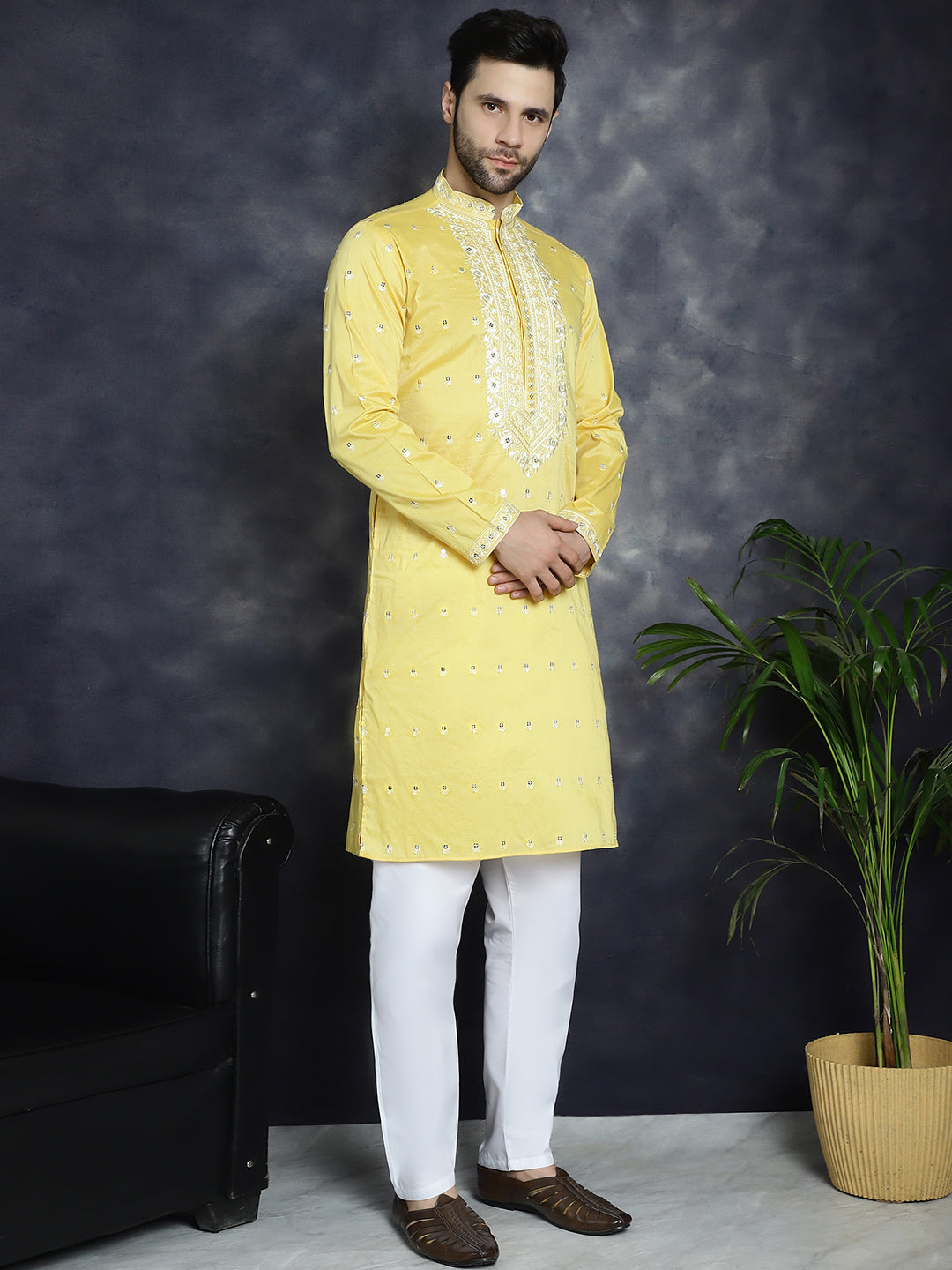 Jompers Men's Chikankari Embroidered Kurta Pyjama Set - Yellow