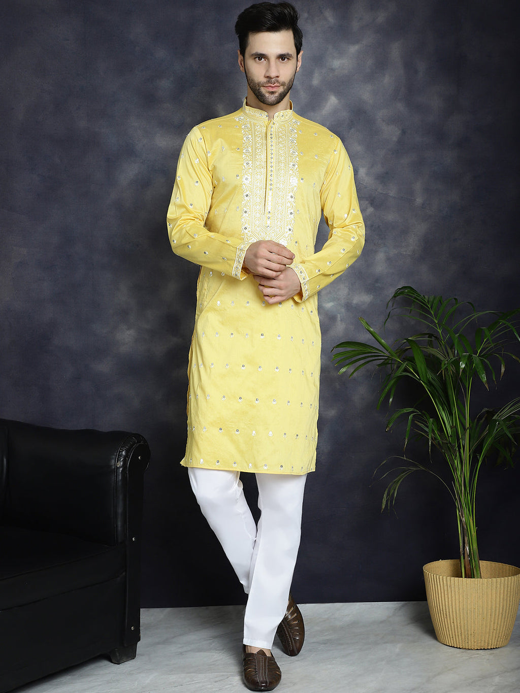 Jompers Men's Chikankari Embroidered Kurta Pyjama Set - Yellow